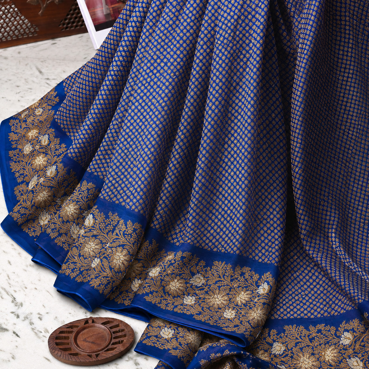 Royal Blue Handwoven Banarasi Khaddi Georgette Saree with Copper & Silver Zari Border