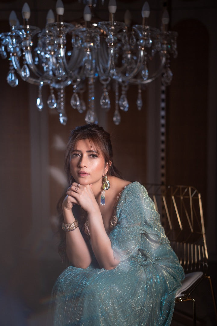 Celeste Aqua Shimmer Saree with Separate Embroidered Blouse