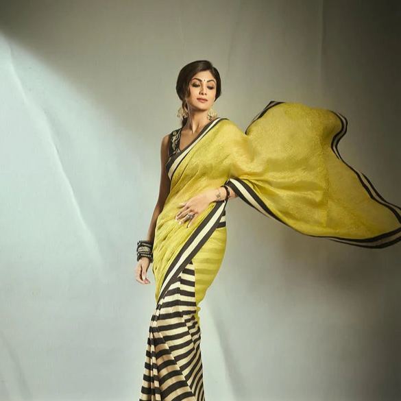 Lime Gold Stripe Tissue Saree
