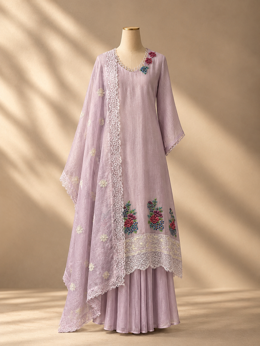 Lilac Embroidered Lace Sharara Set with Dupatta