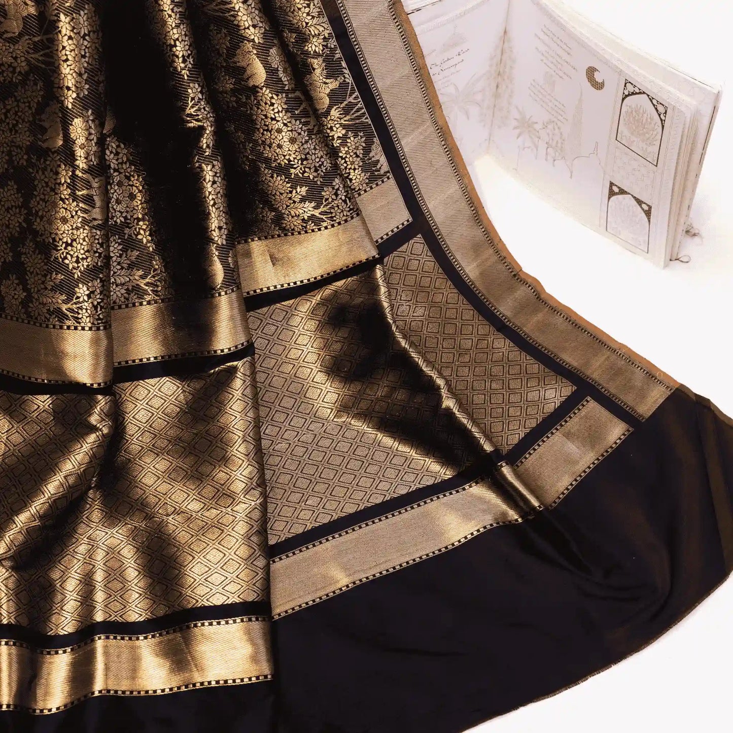 Black Banarasi Silk Shikaargah Saree Showcasing Flora and Fauna