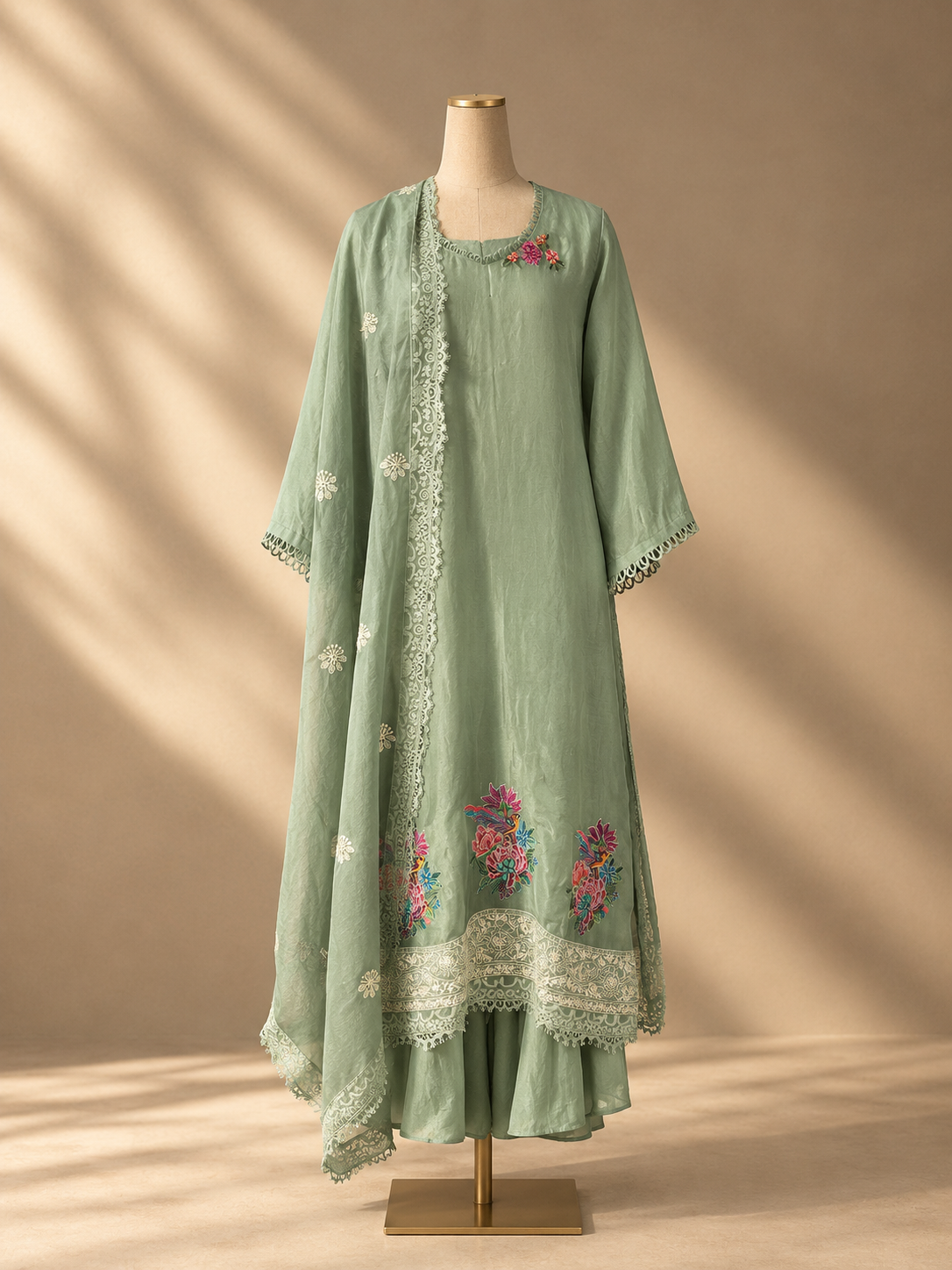 Mint Green Chanderi Sharara Set with Floral Embroidery and Lace Detailing