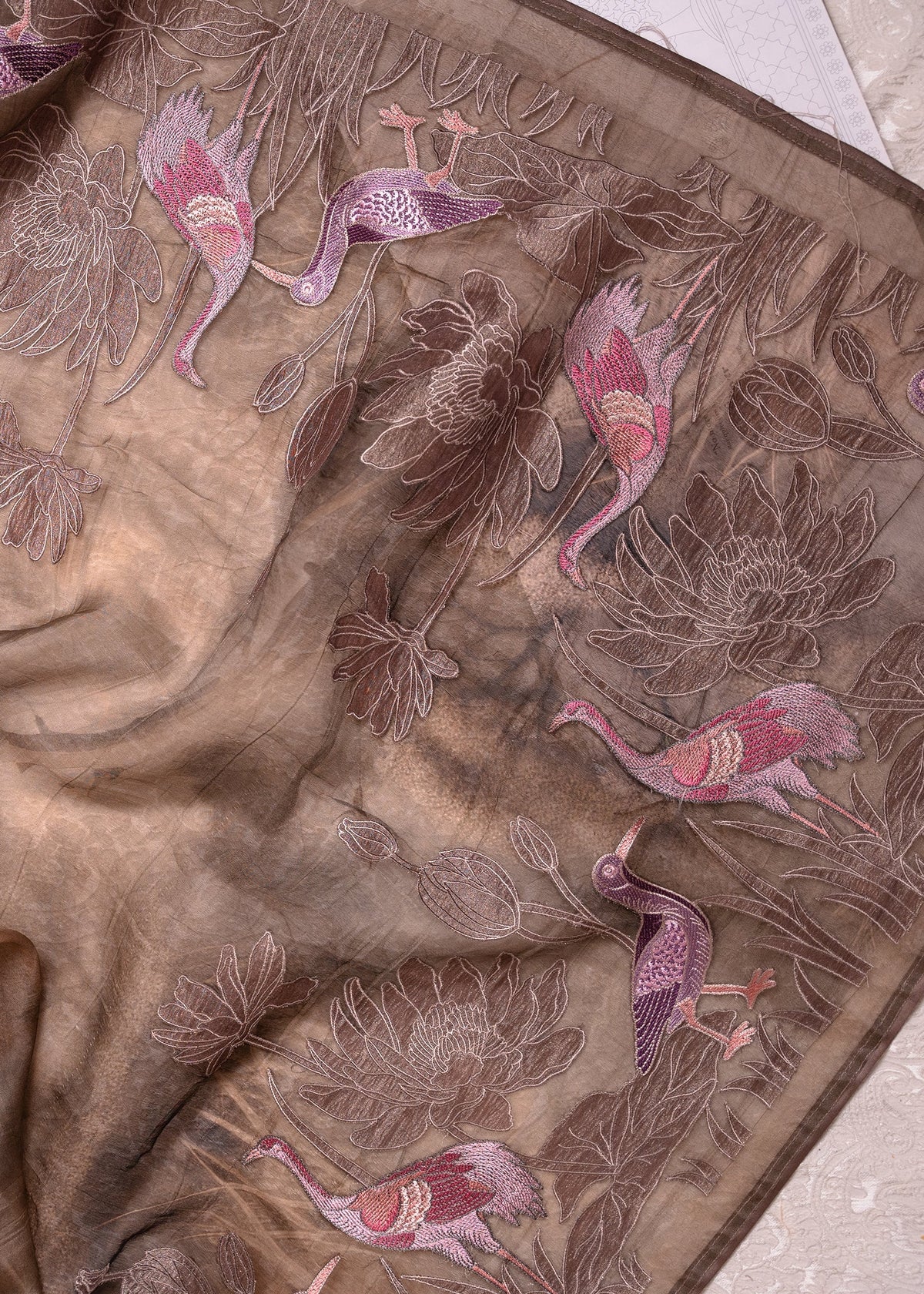 Chocolate Brown Soft Tussar Silk Saree with Hand-Painted & Pink Embroidered Flamingos