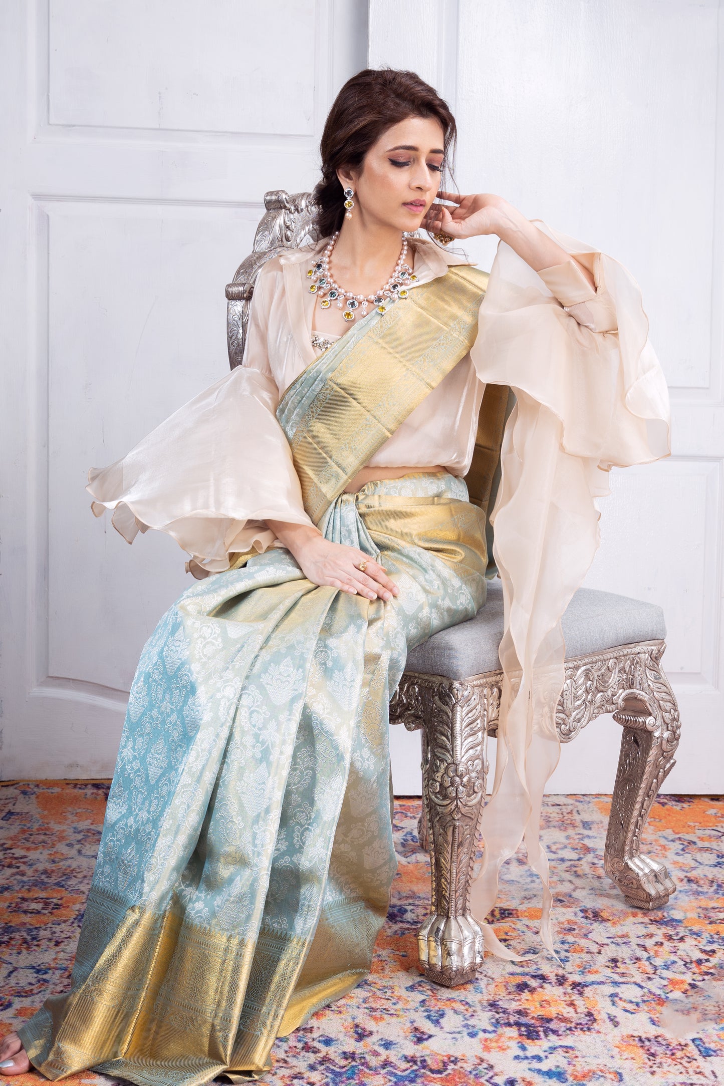 Ocean green tissue kanjivaram silk saree