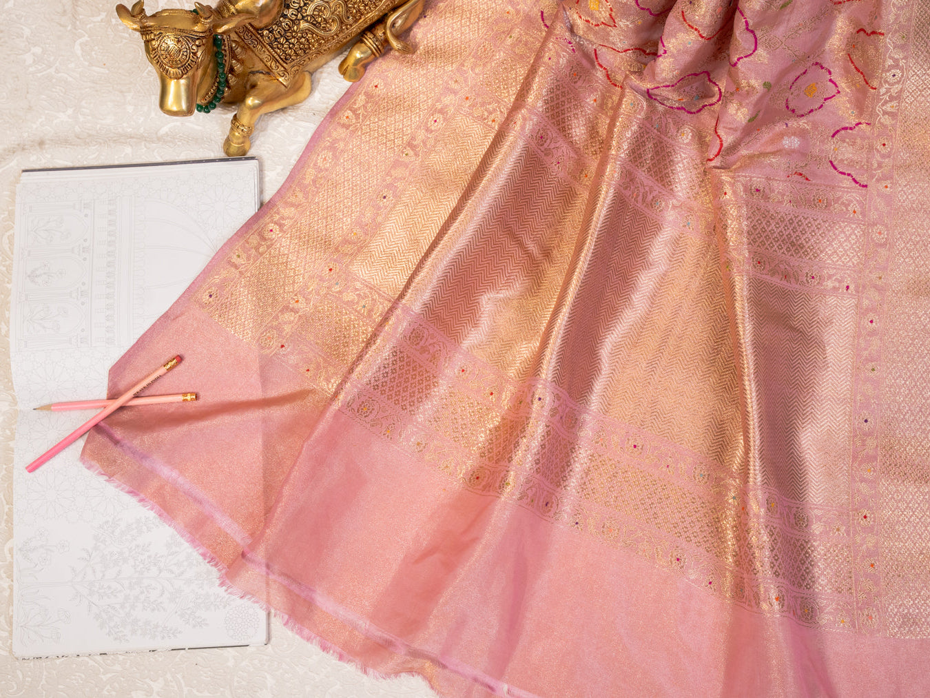 Blush Pink Meenakari Jangla Tissue Saree with Kadwa Weave