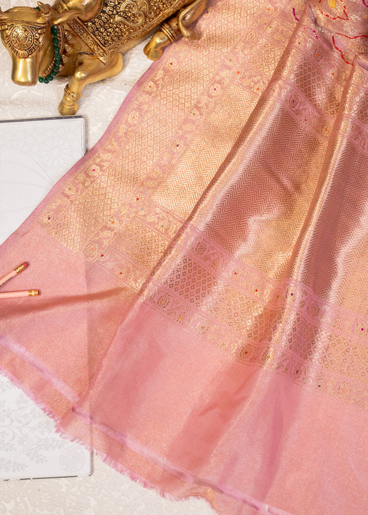 Blush Pink Meenakari Jangla Tissue Saree with Kadwa Weave