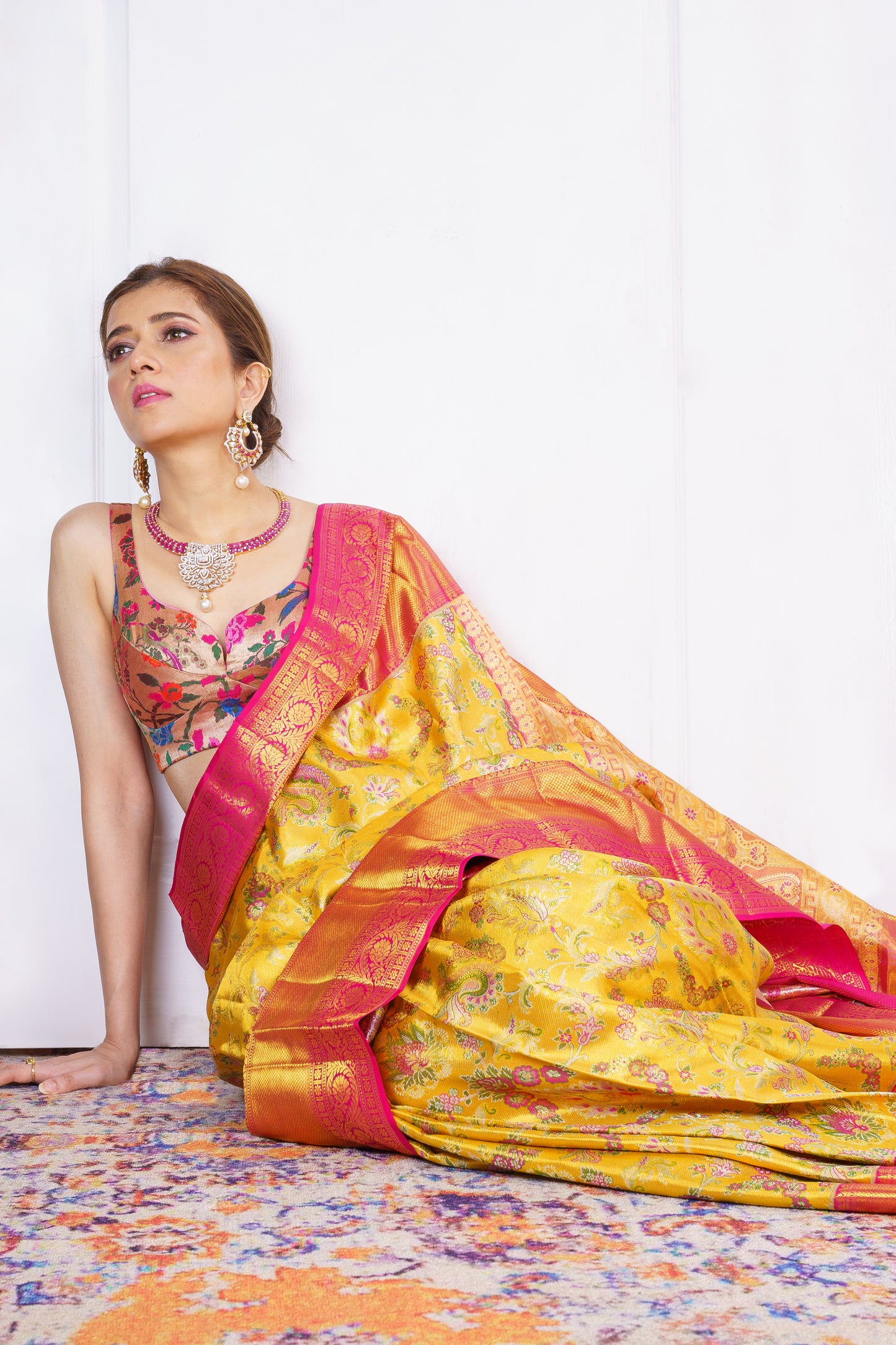 Yellow Kanjivaram Saree with Pink Border