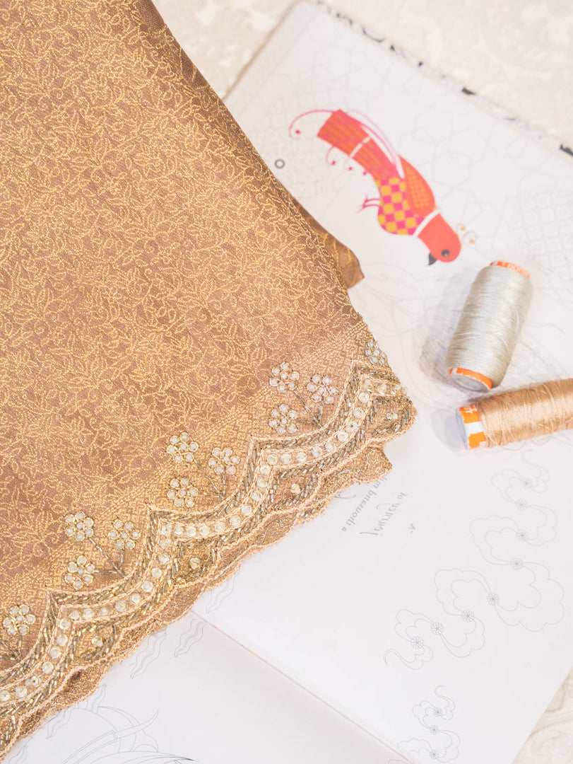 Bronze Tissue Silk Saree with All Over Motifs and Embroidered Border