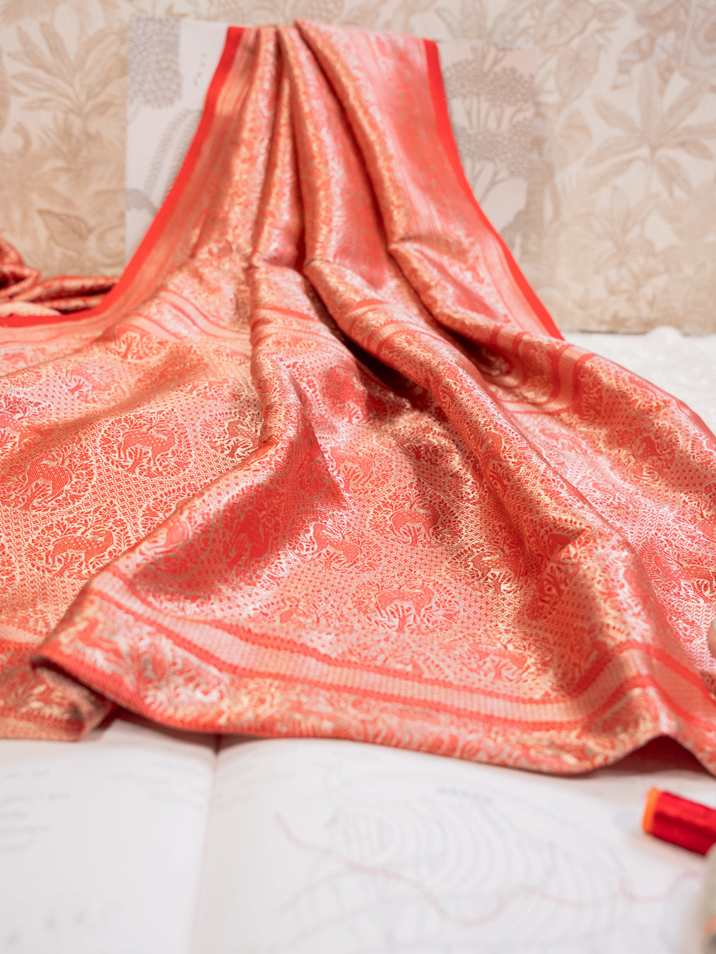 Red All Over Banarasi Tissue Silk Saree for Bridal Wear