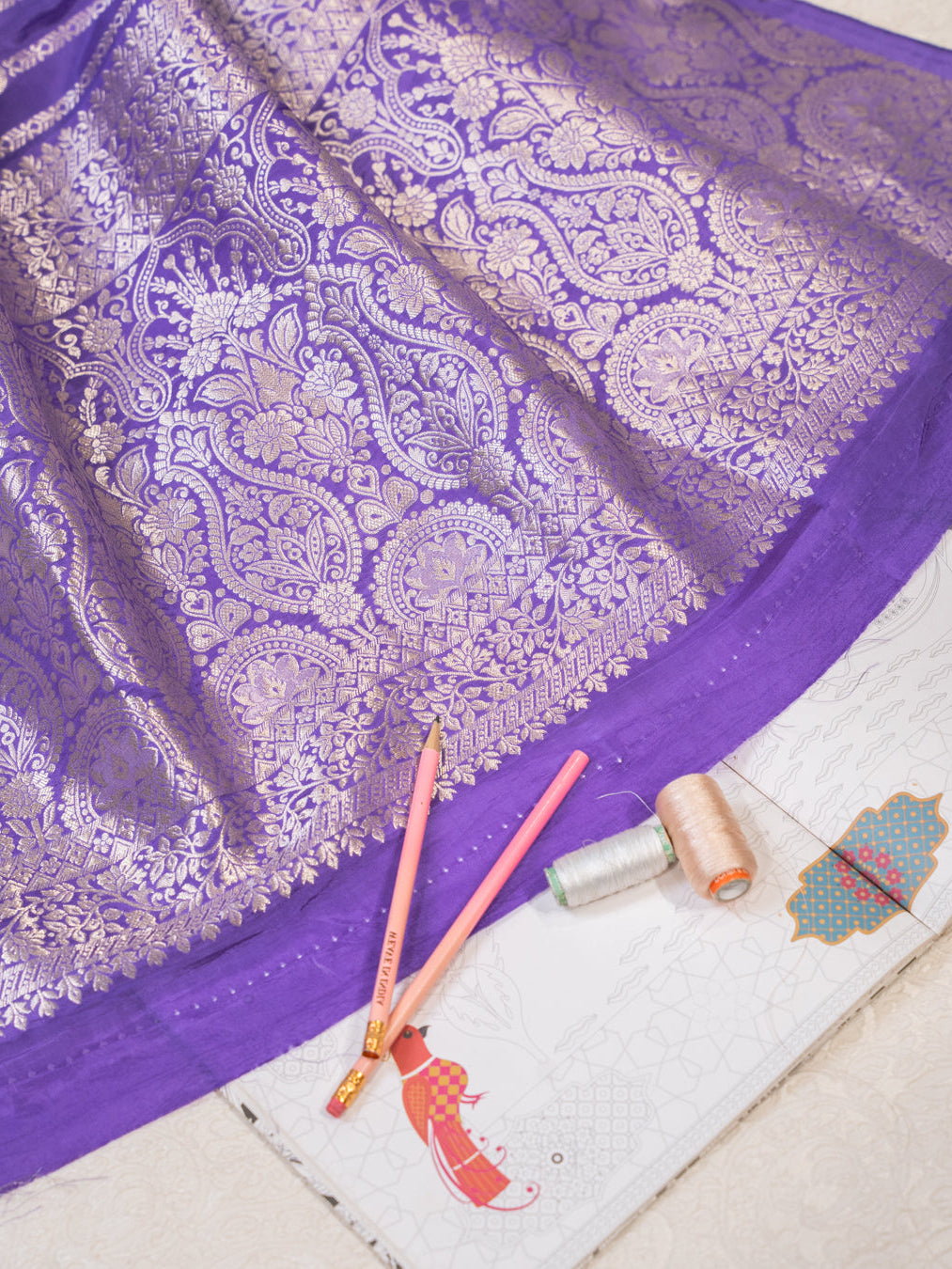 Purple and Silver Handwoven Banarasi Katan Silk Saree with Geometric Pallu