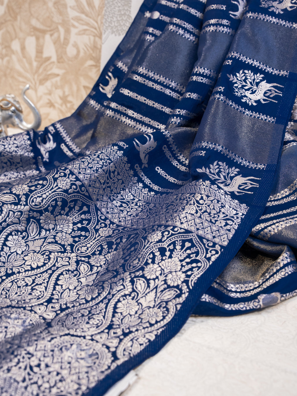 Midnight Blue Handwoven Banarasi Deer Motif Pure Silk Tissue Saree