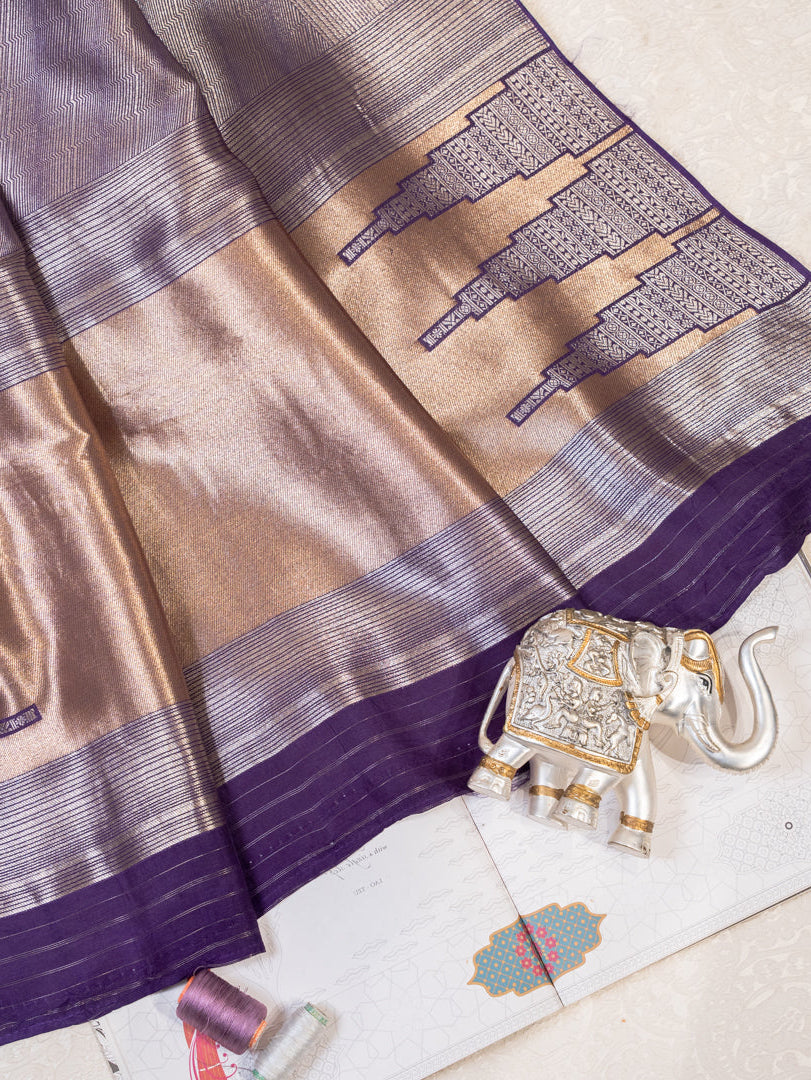 Purple and Silver Handwoven Banarasi Katan Silk Saree with Geometric Pallu