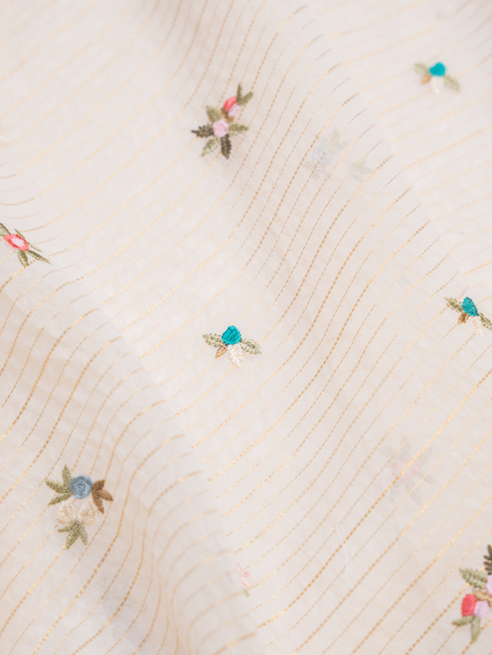 Off White Cotton Saree with Floral Embroidery and Gota Patti Border