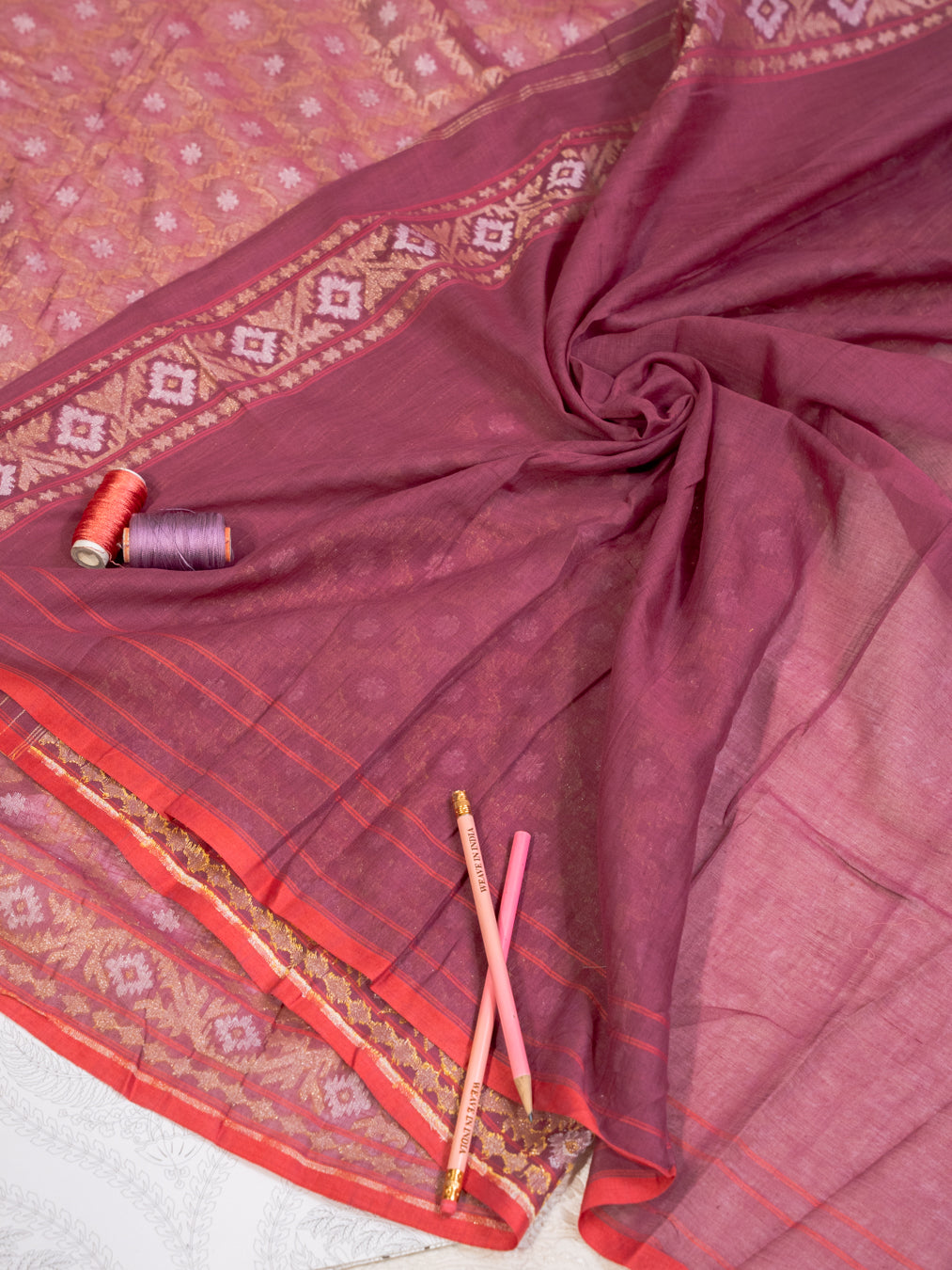 Burgundy Muslin Jamdani Handwoven Saree with All-Over Woven Motifs