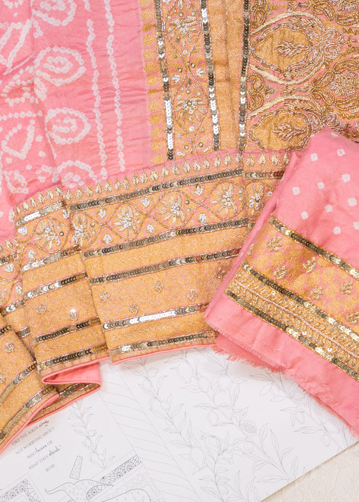 Light Pink Chiffon Silk Bandhani Saree with Heavy Zardozi Border and Pallu