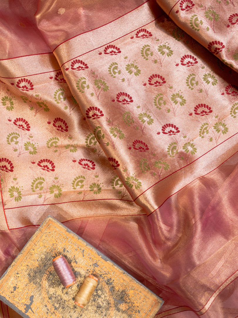 Coral Silk Tissue Saree with Golden Border and All Over Buttis