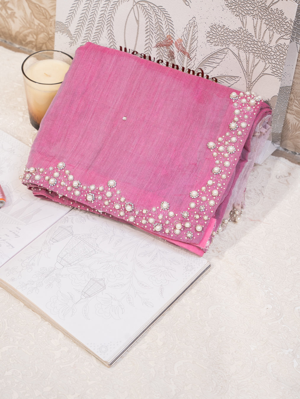 Pink and Silver Chanderi Silk Half and Half Saree with Pearl Embroidered Border