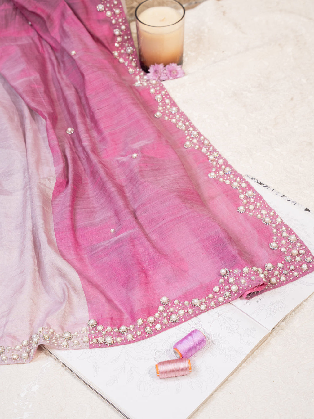 Pink and Silver Chanderi Silk Half and Half Saree with Pearl Embroidered Border