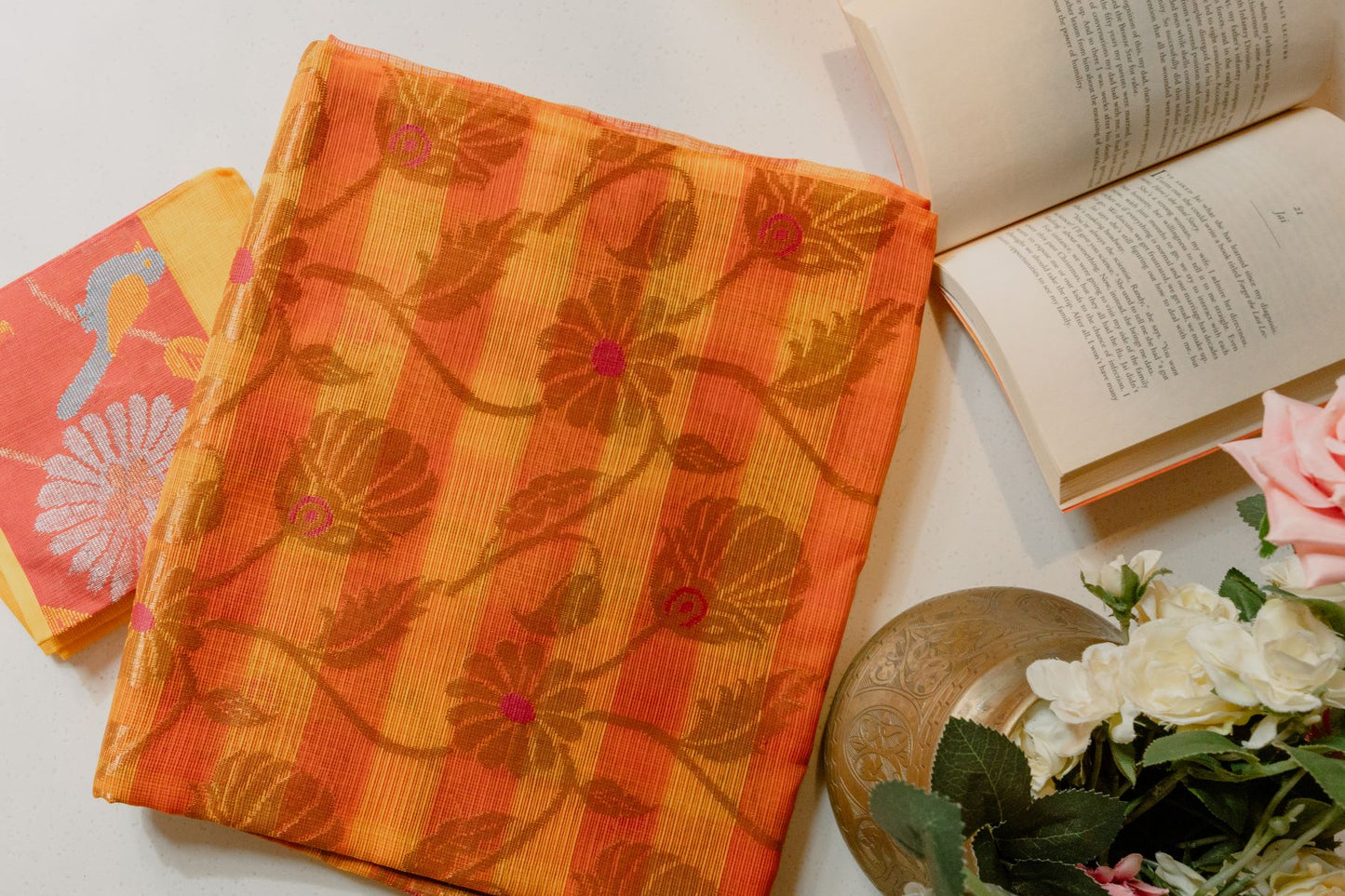 Saffron Checks Real Zari Kota Saree with Jaal