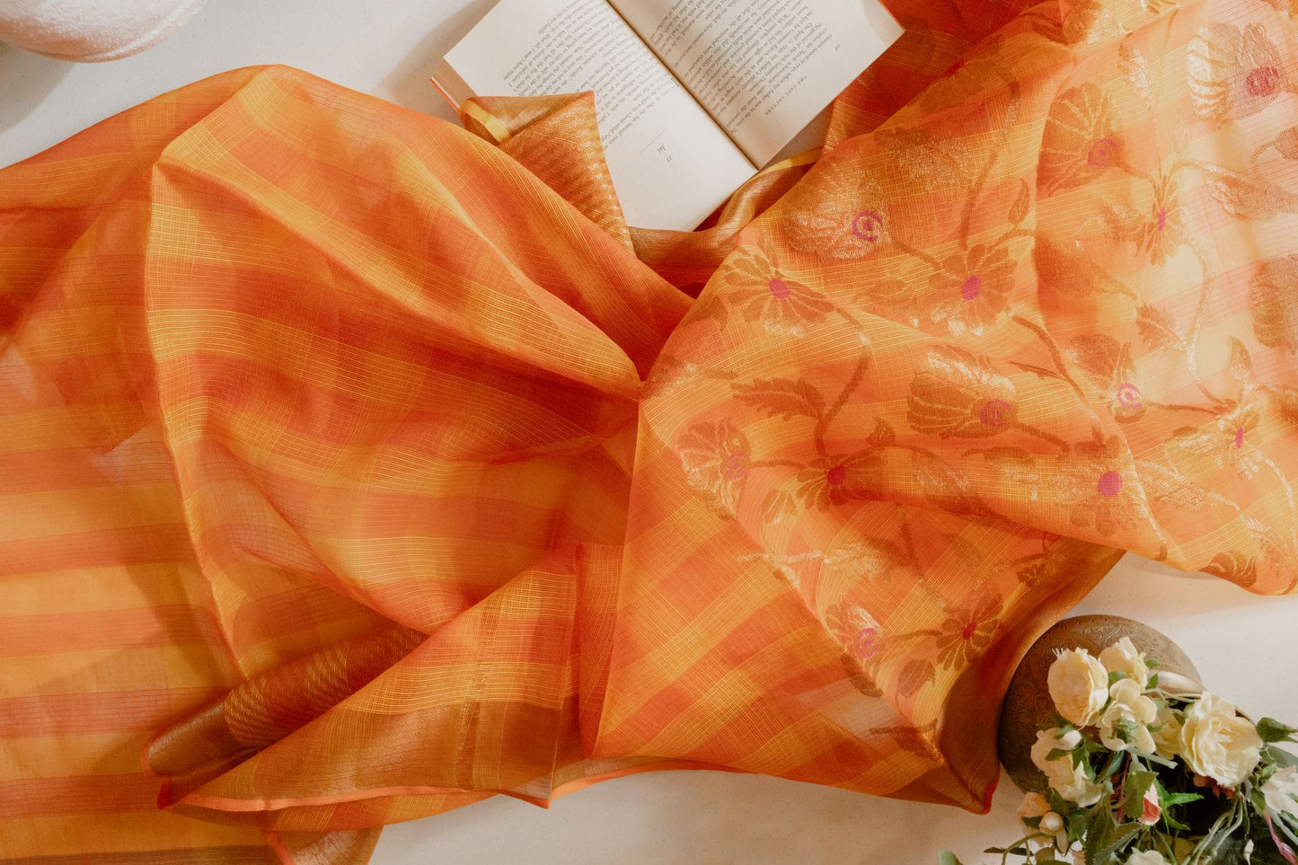 Saffron Checks Real Zari Kota Saree with Jaal