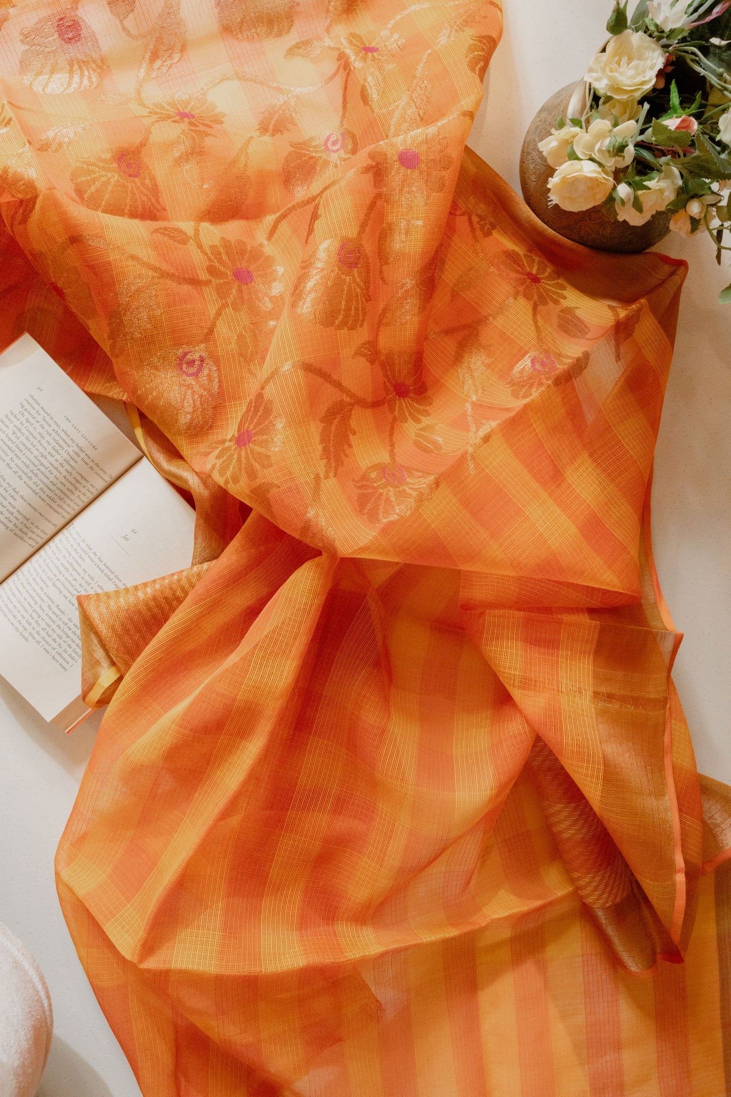 Saffron Checks Real Zari Kota Saree with Jaal