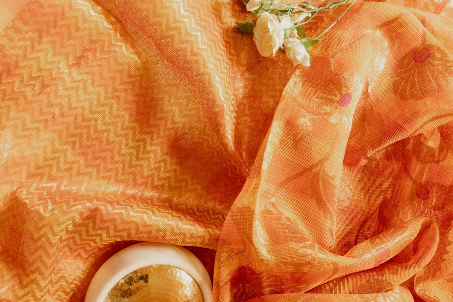 Saffron Checks Real Zari Kota Saree with Jaal