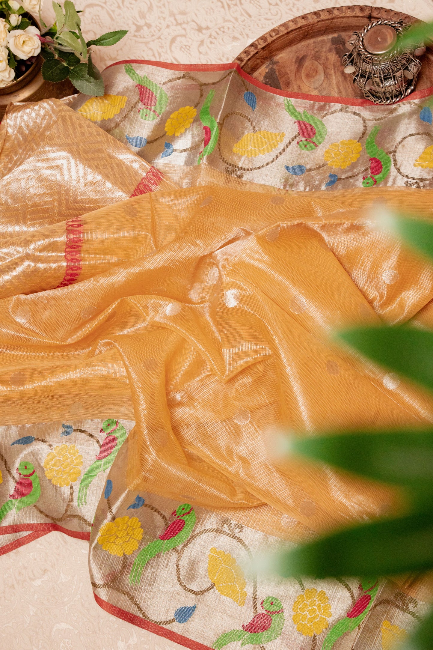 Beige Maroon Kota Handloom Sari Paithani Zari Border