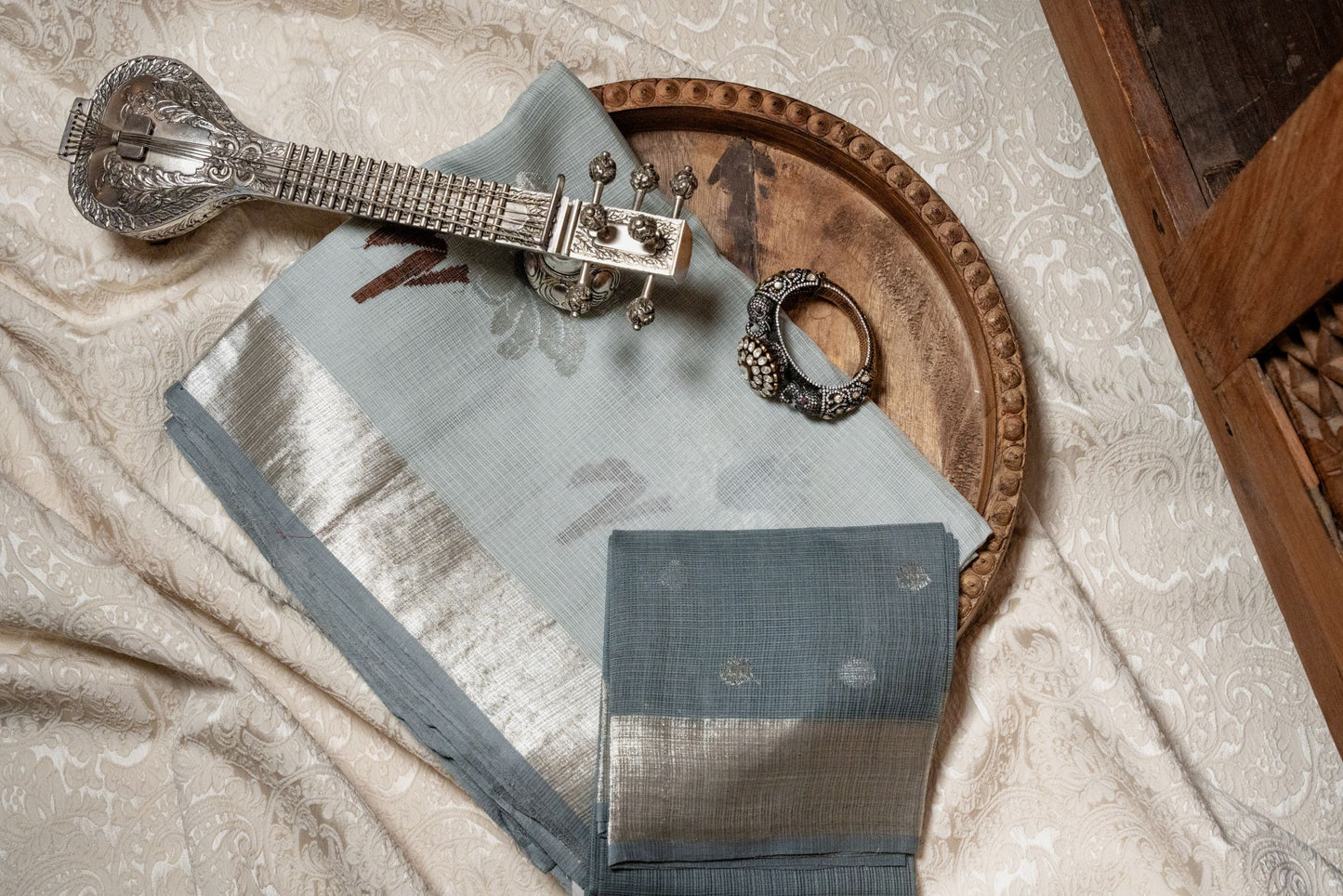 Grey Silver Real Zari Kota with Butti