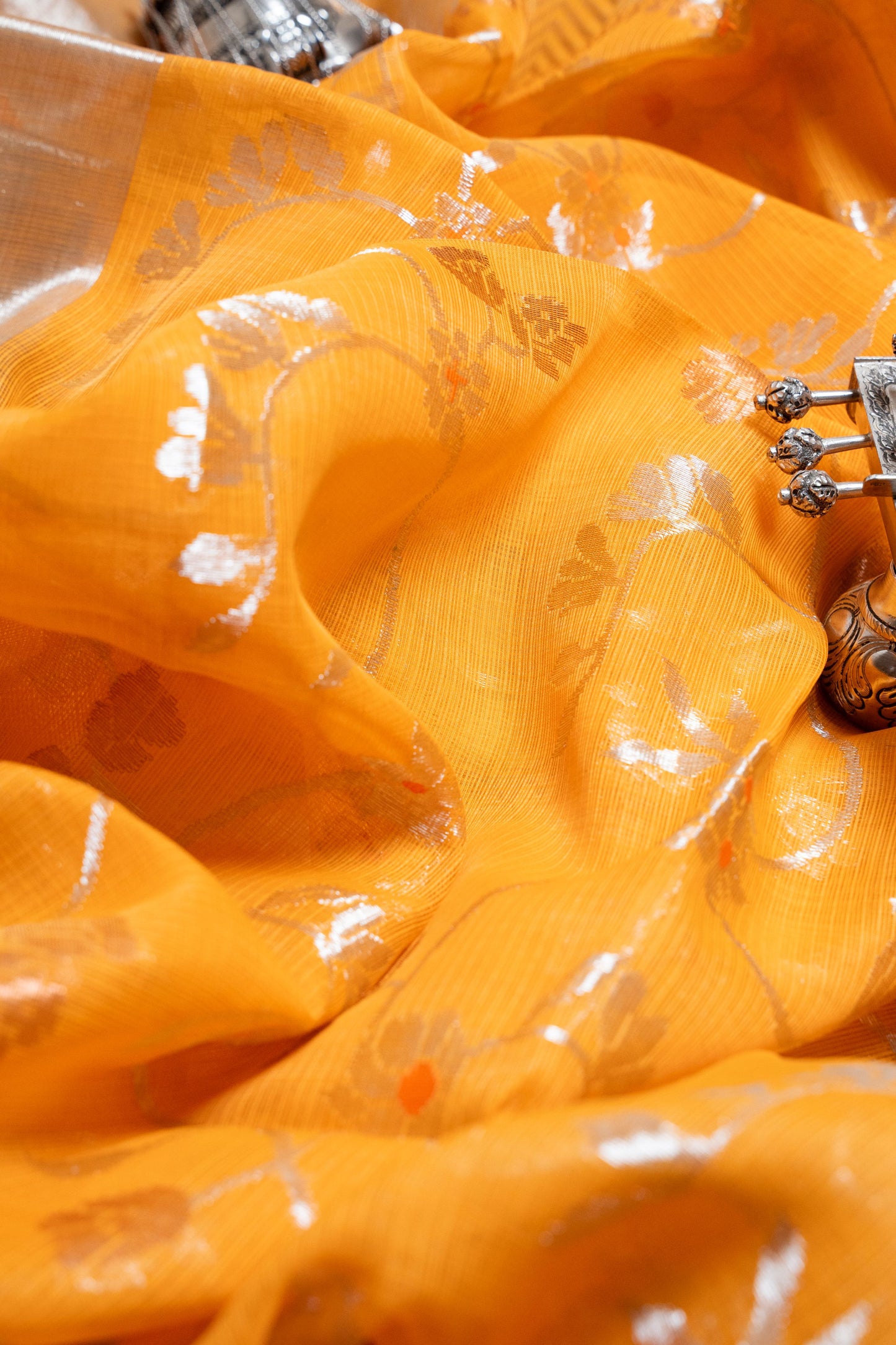 Orange Pure Kota Saree with Handwoven Butti