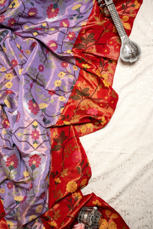 Red & Lavender Double Real Zari Kota Paithani Saree