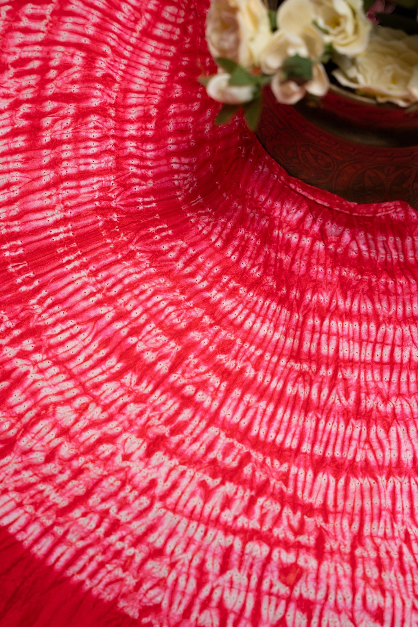 Red Shibori Hand-Dyed Saree with Sleeve Detailing