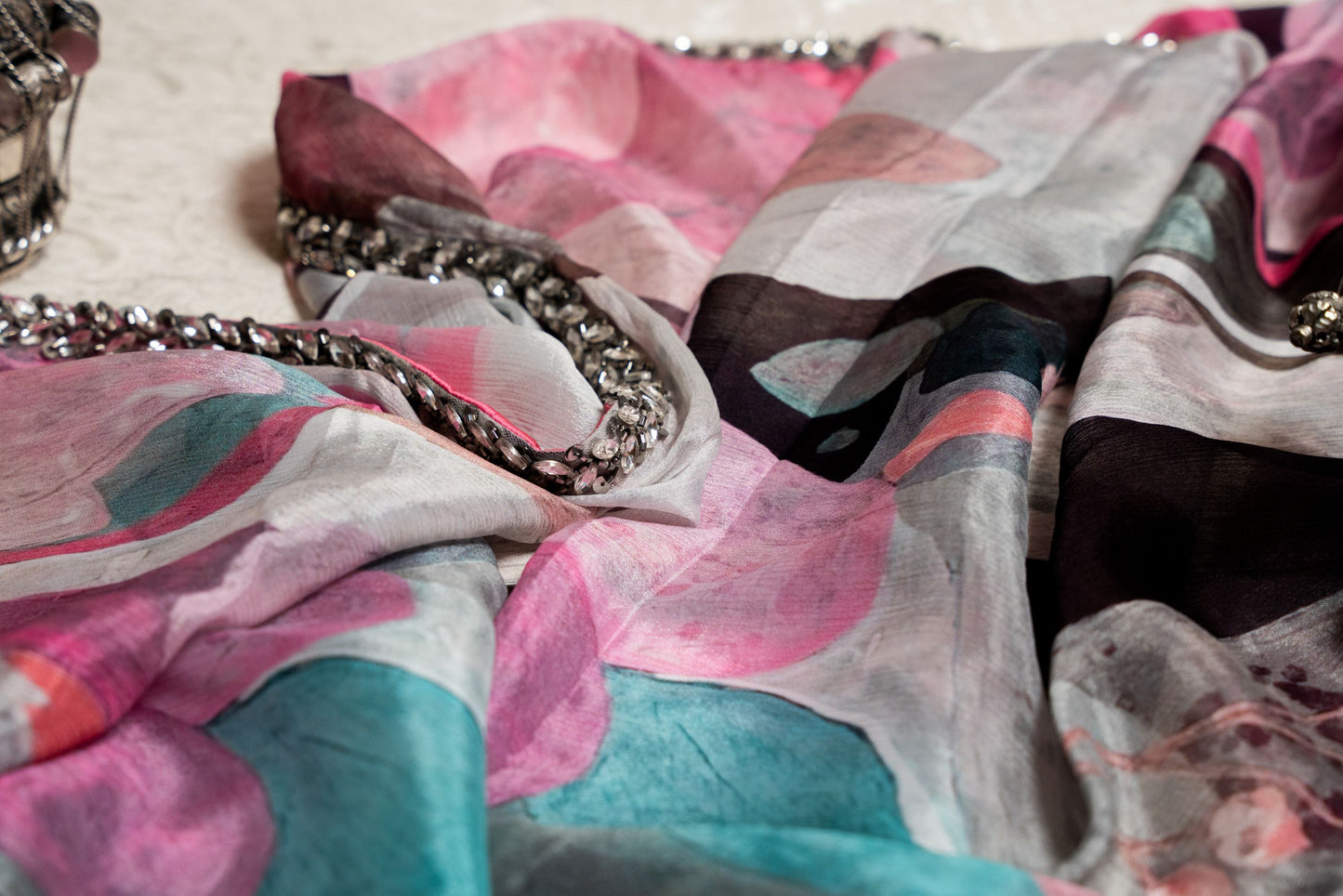 Abstract Multi-Print Saree with Shifting Crystal Embroidery