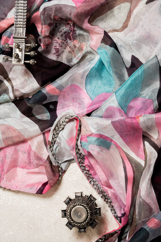 Abstract Multi-Print Saree with Shifting Crystal Embroidery