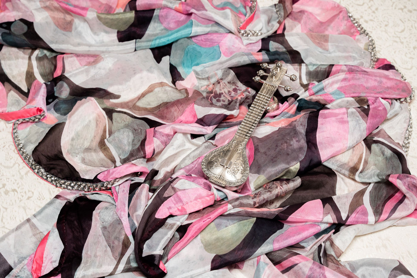 Abstract Multi-Print Saree with Shifting Crystal Embroidery