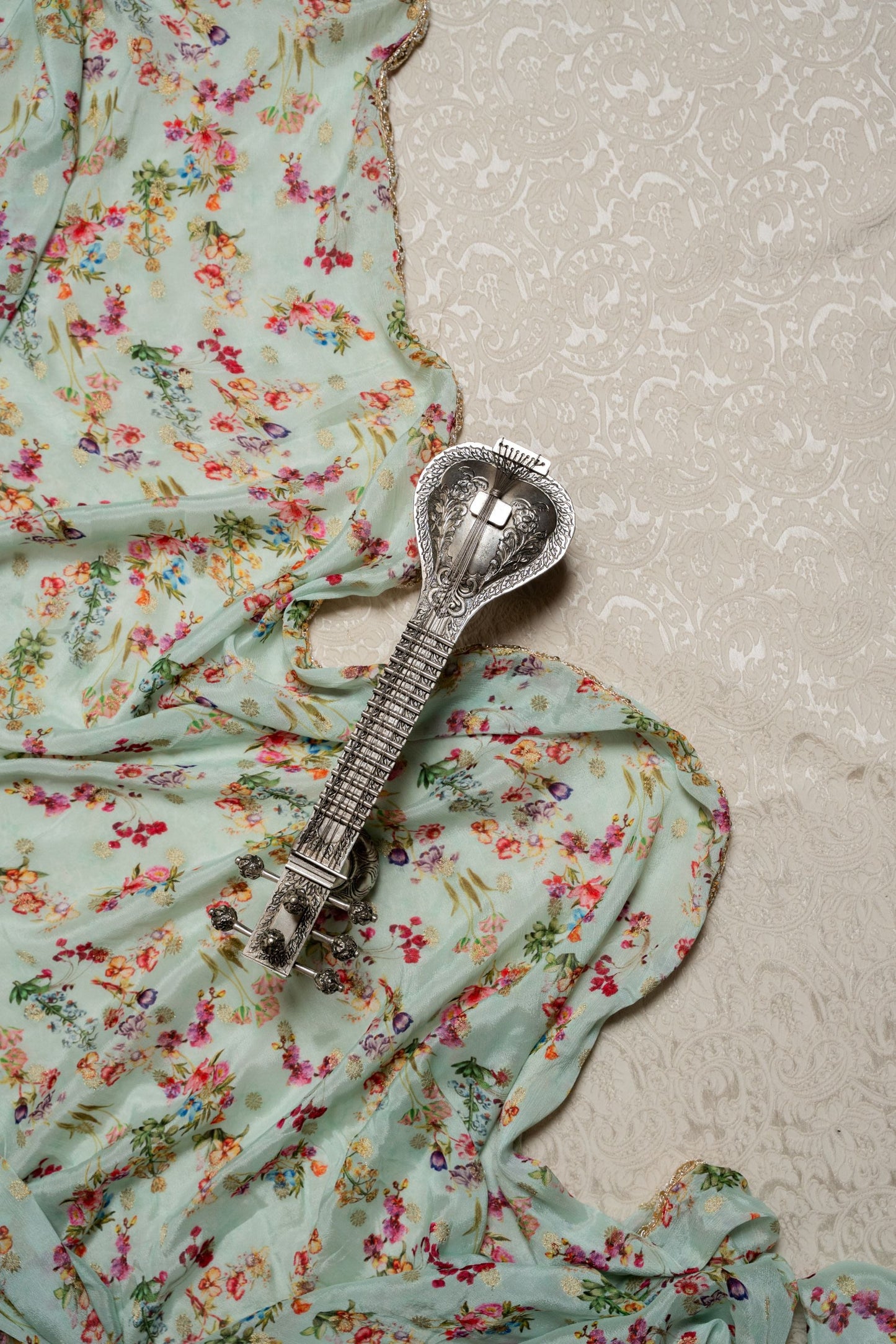 Powder Blue Hand Embroidered Crepe Printed Saree