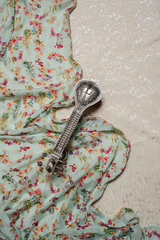 Powder Blue Hand Embroidered Crepe Printed Saree