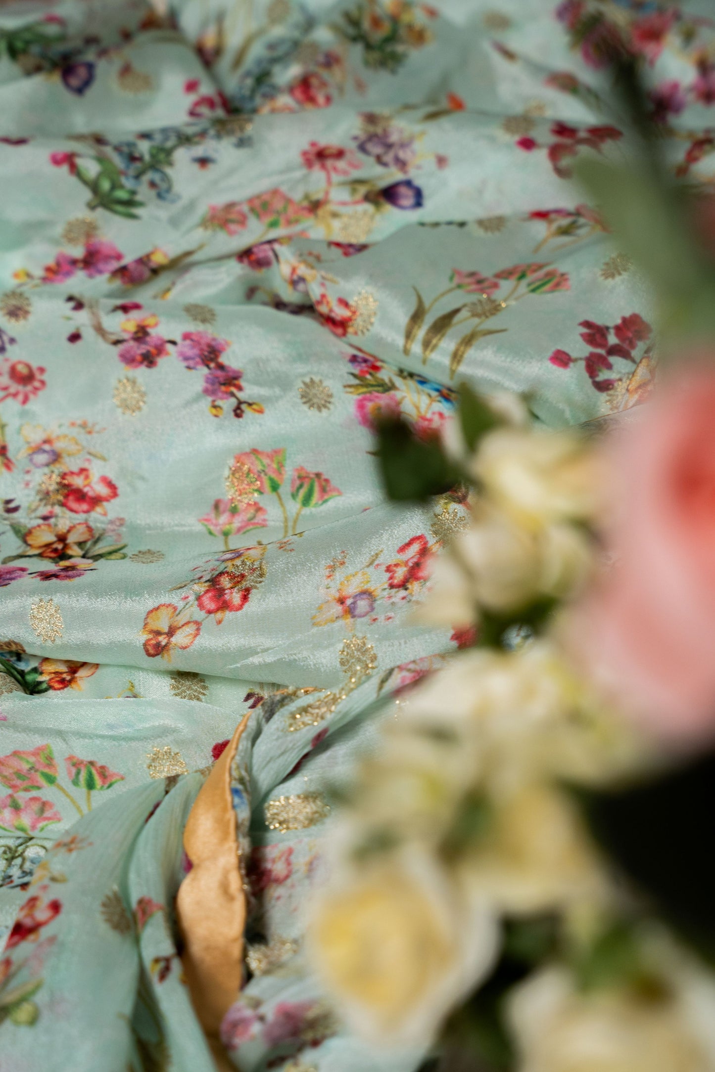 Powder Blue Hand Embroidered Crepe Printed Saree