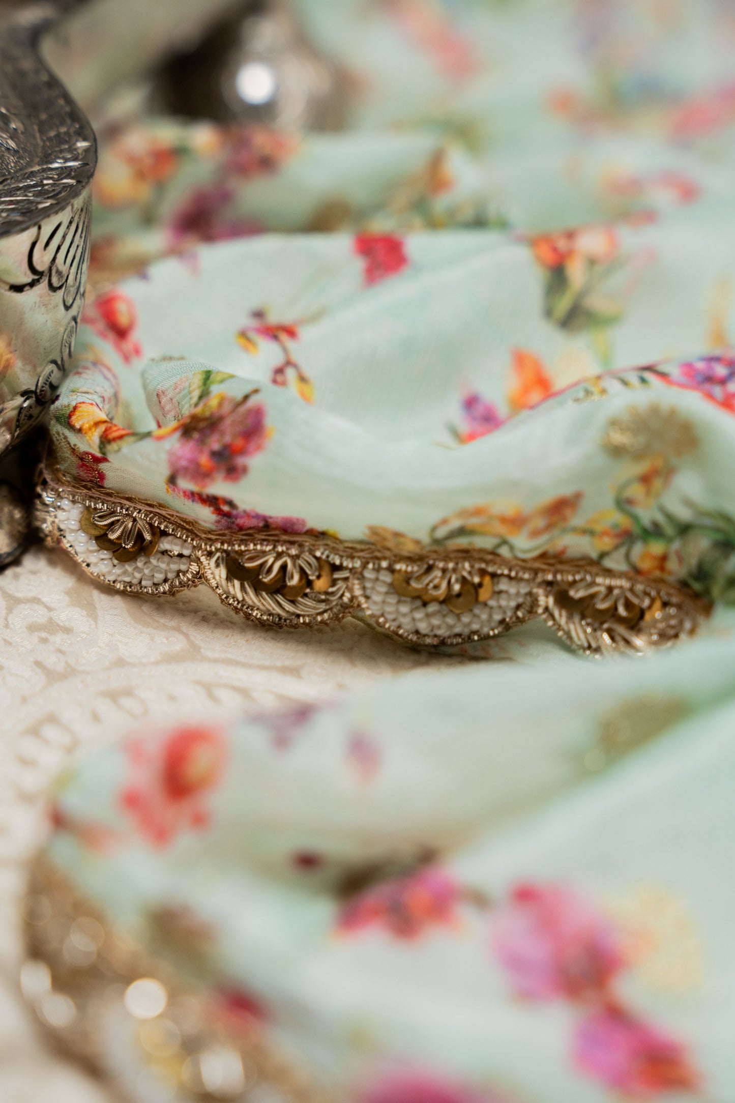 Powder Blue Hand Embroidered Crepe Printed Saree