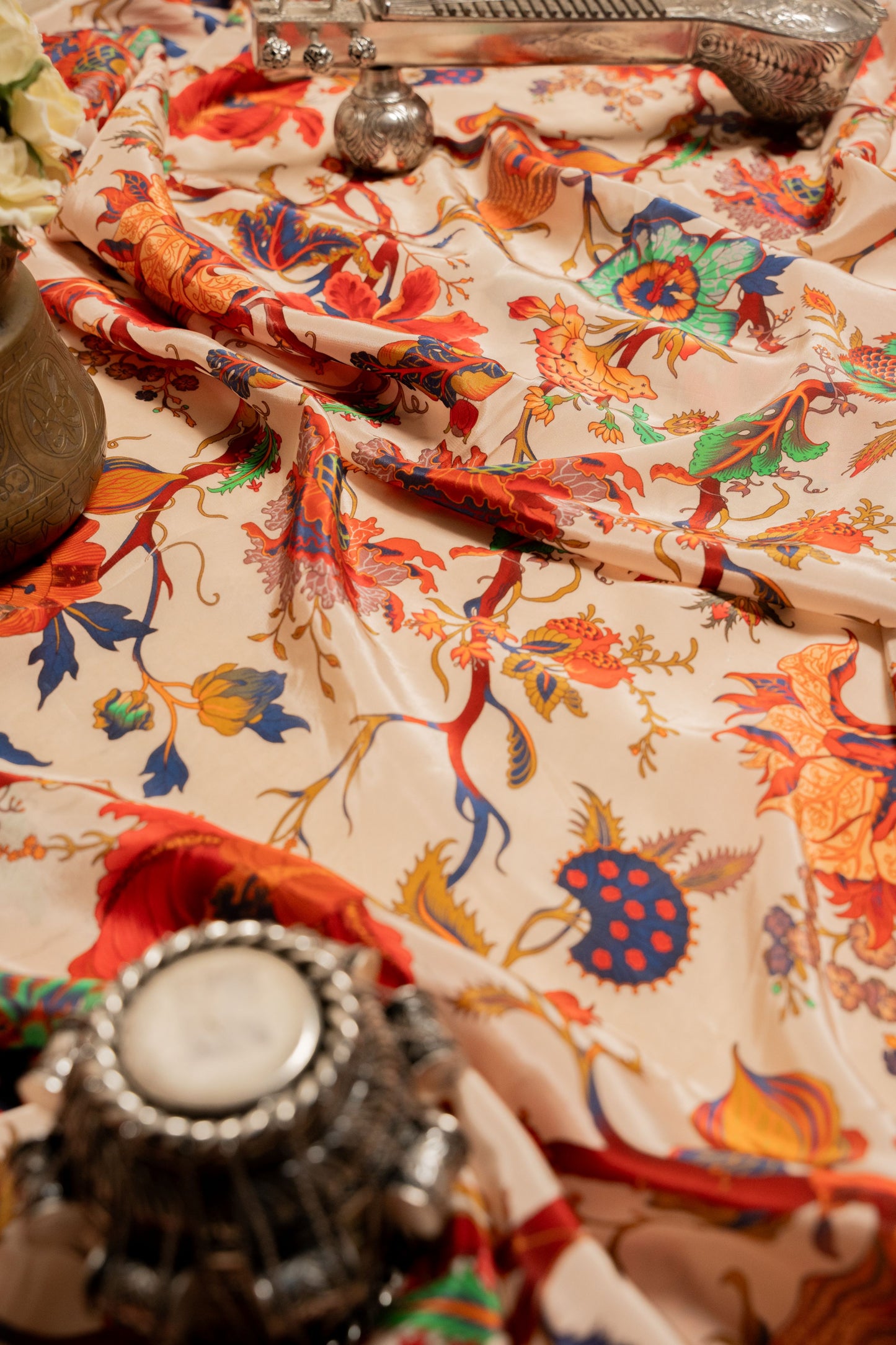 Crepe Floral Print Sari with Cutdhana Hand Embroidery