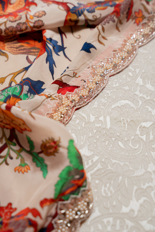 Crepe Floral Print Sari with Cutdhana Hand Embroidery