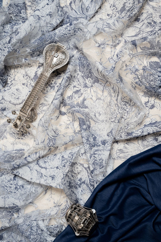 Blue Organza Jacquard Saree with Hand Embroidery