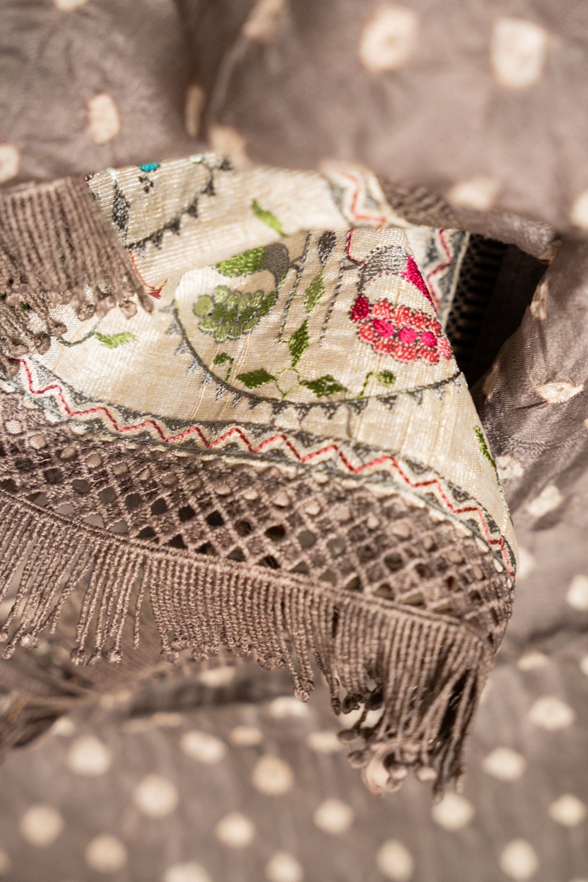 Grey Bandhani Saree with Parsi Gara Border