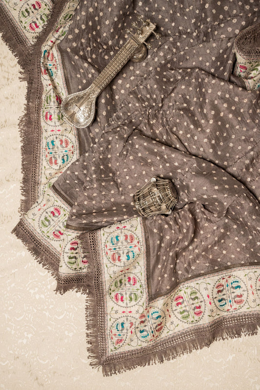 Grey Bandhani Saree with Parsi Gara Border