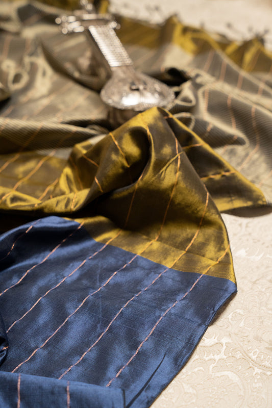 Verdant Stripes – Olive & Blue Soft Silk Saree