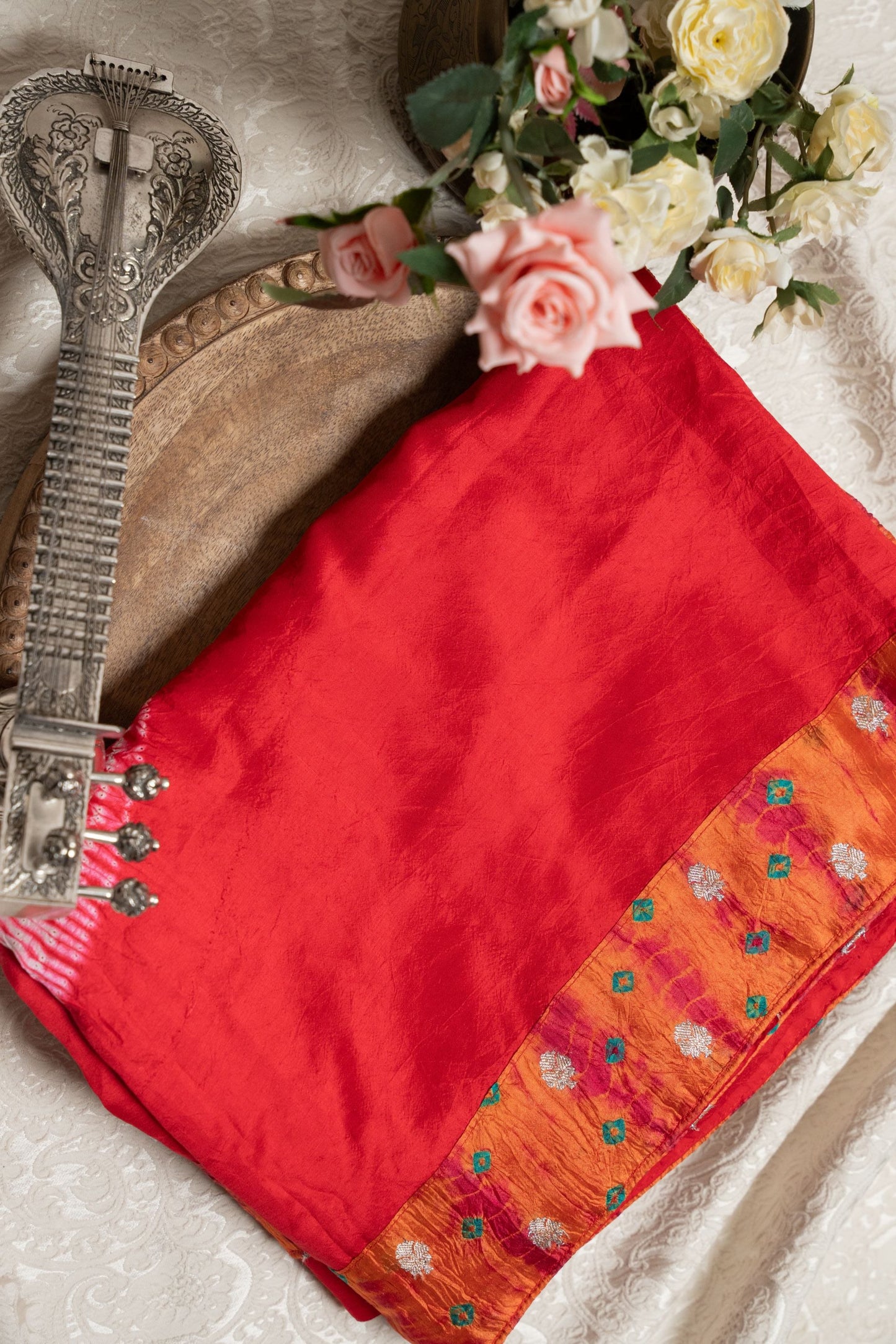 Red Shibori Hand-Dyed Saree with Sleeve Detailing