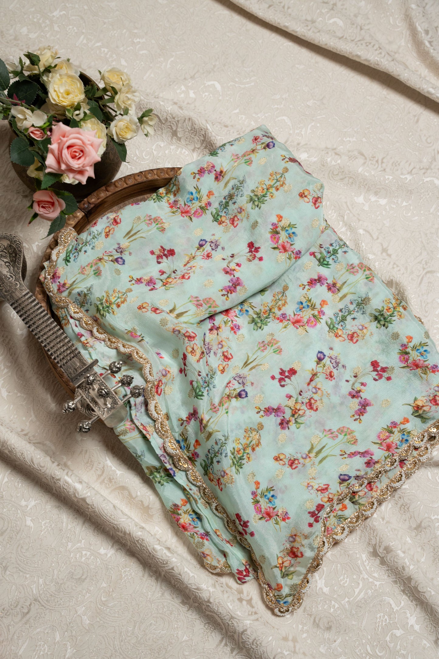 Powder Blue Hand Embroidered Crepe Printed Saree