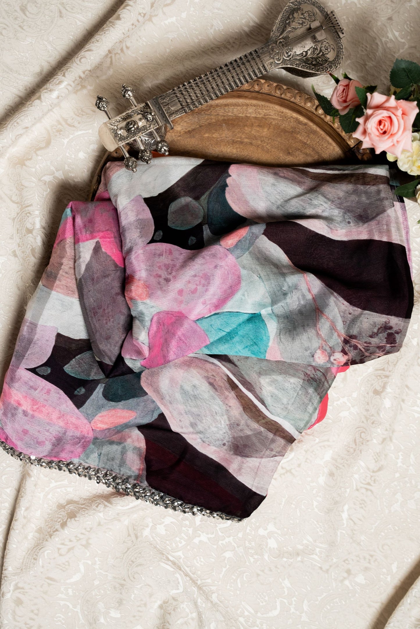 Abstract Multi-Print Saree with Shifting Crystal Embroidery