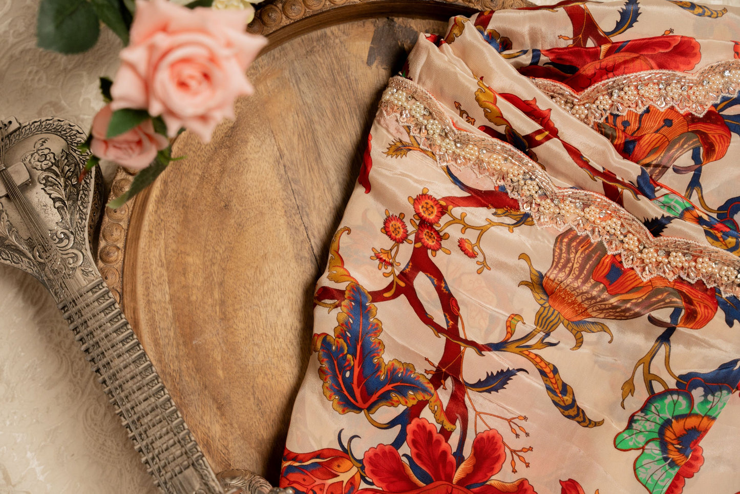 Crepe Floral Print Sari with Cutdhana Hand Embroidery