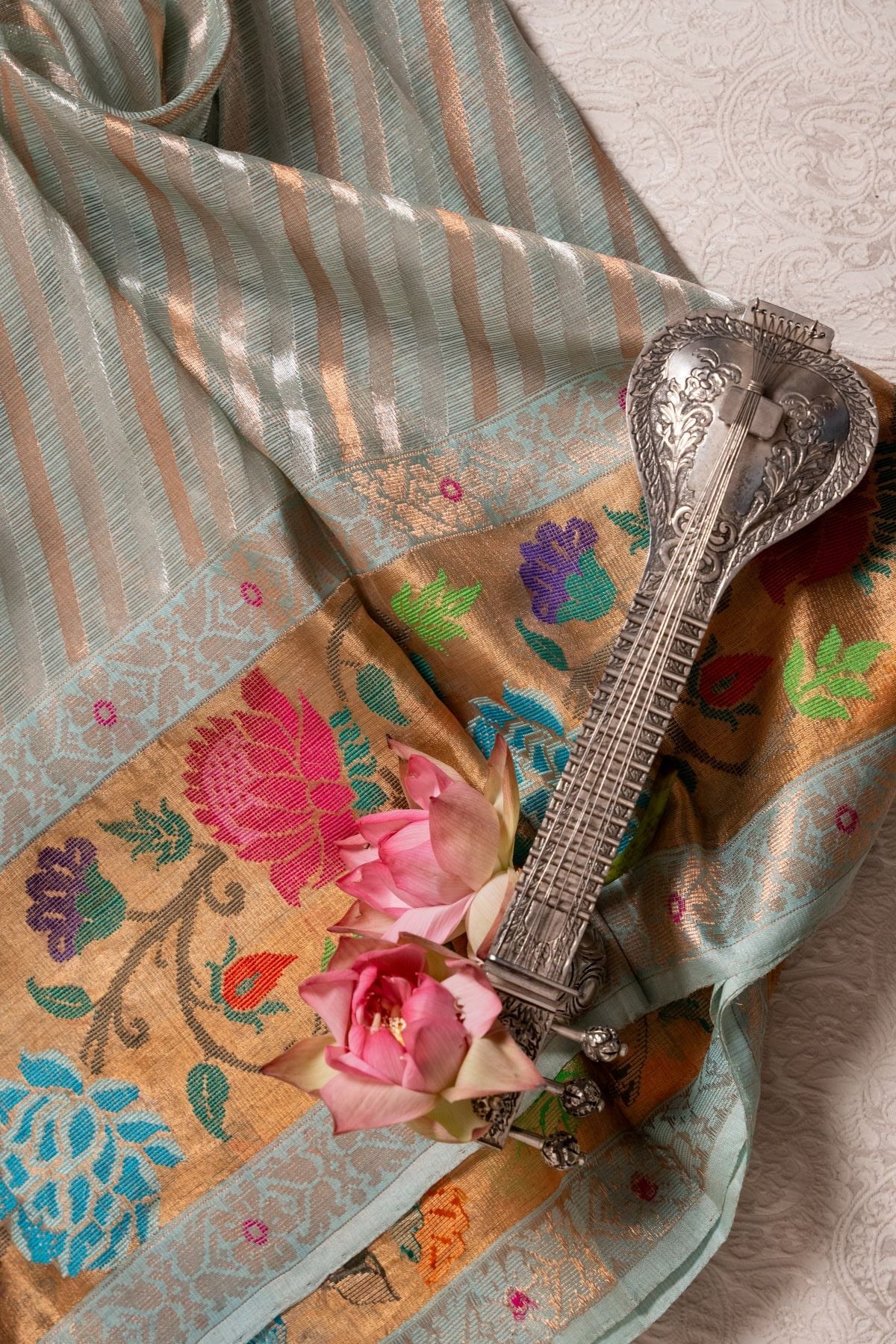 Sky Blue Real Zari Tissue Kota Saree with Lehariya Stripes & Paithani Border