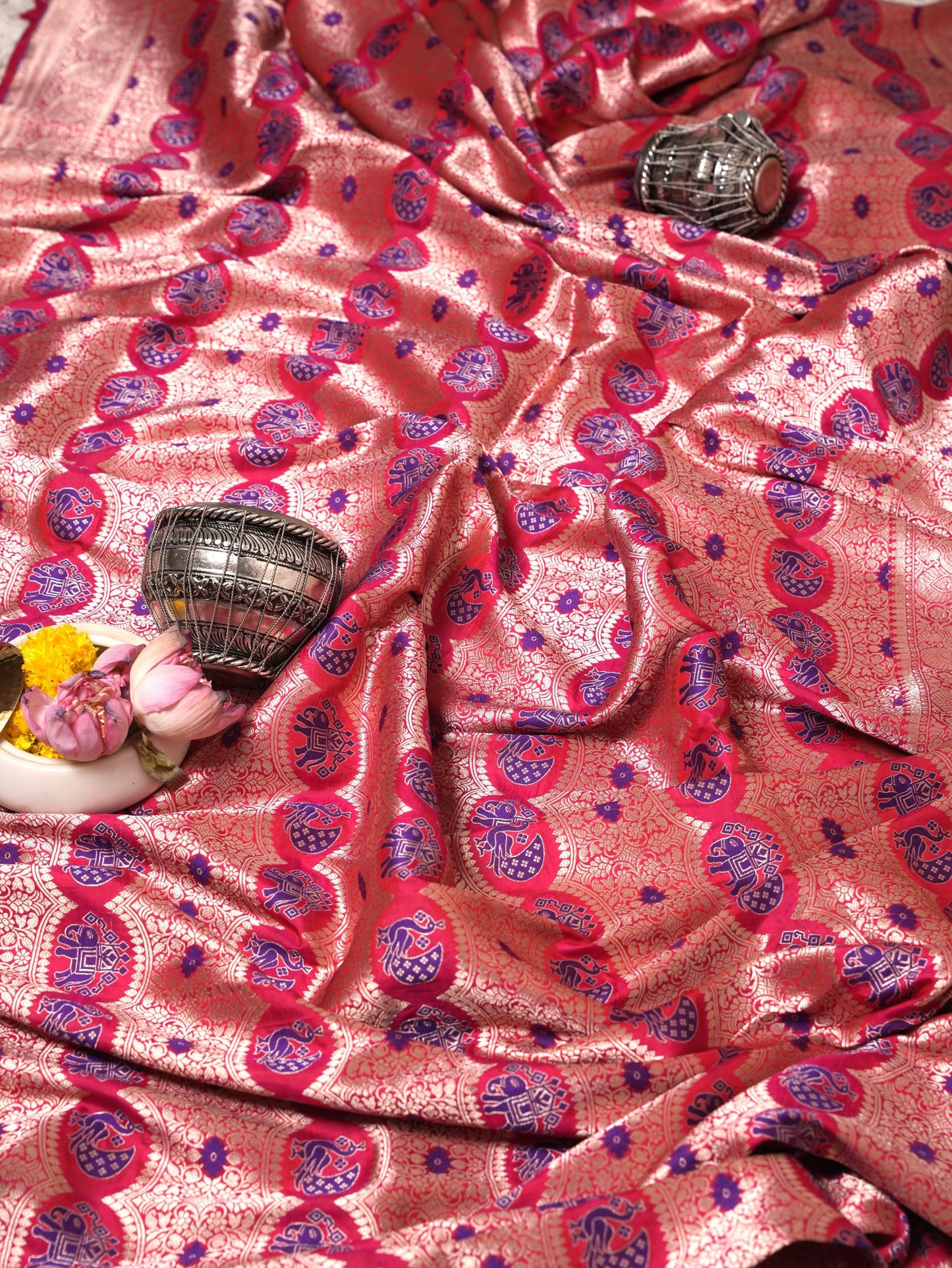 Rani Pink Elephant Motif Banarasi Saree